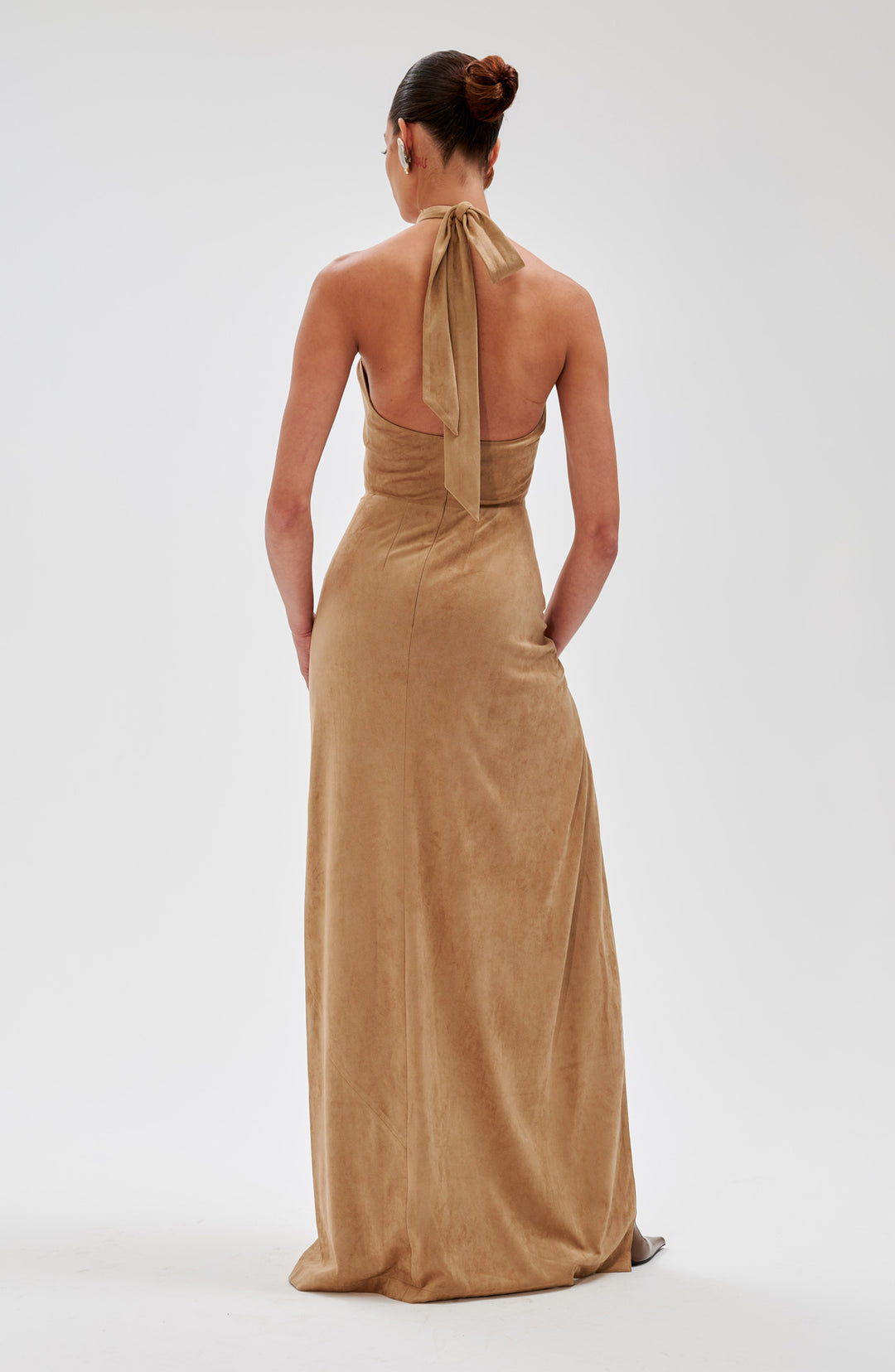 リルアー　drape design dress M-Long brown Long Dress with Back Drape Sleeves – R&M Richards